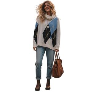 Lili Sidonio Argyle Turtleneck Sweater M/L Cozy Knit Pullover Blue Black Cream